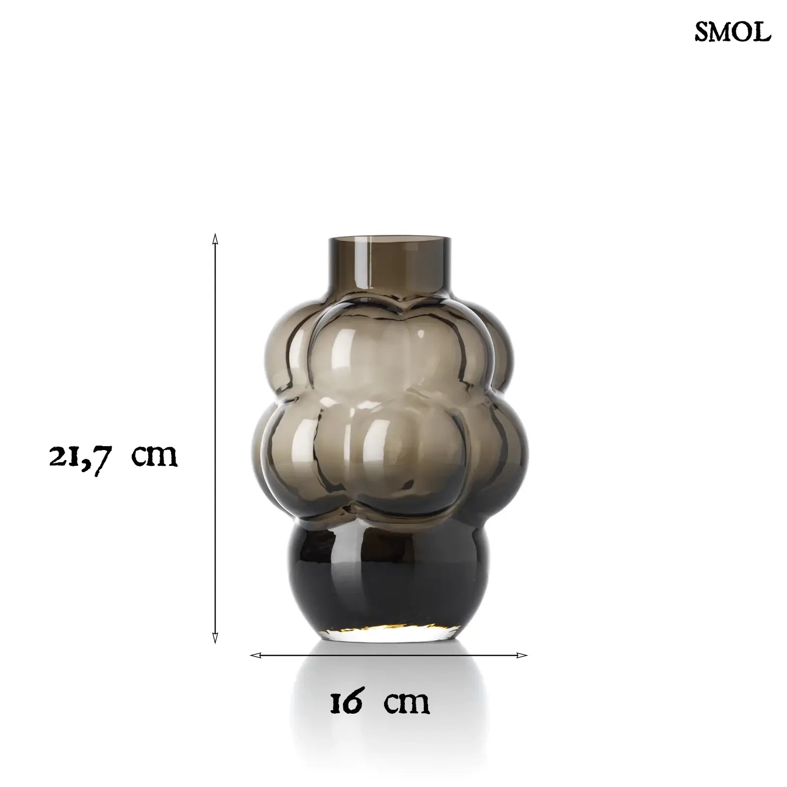 Sötétszürke luxus szürke üveg váza, buborékos szőlőfürt design formában. Újrahasznosított, kézműves termék, méretekkel