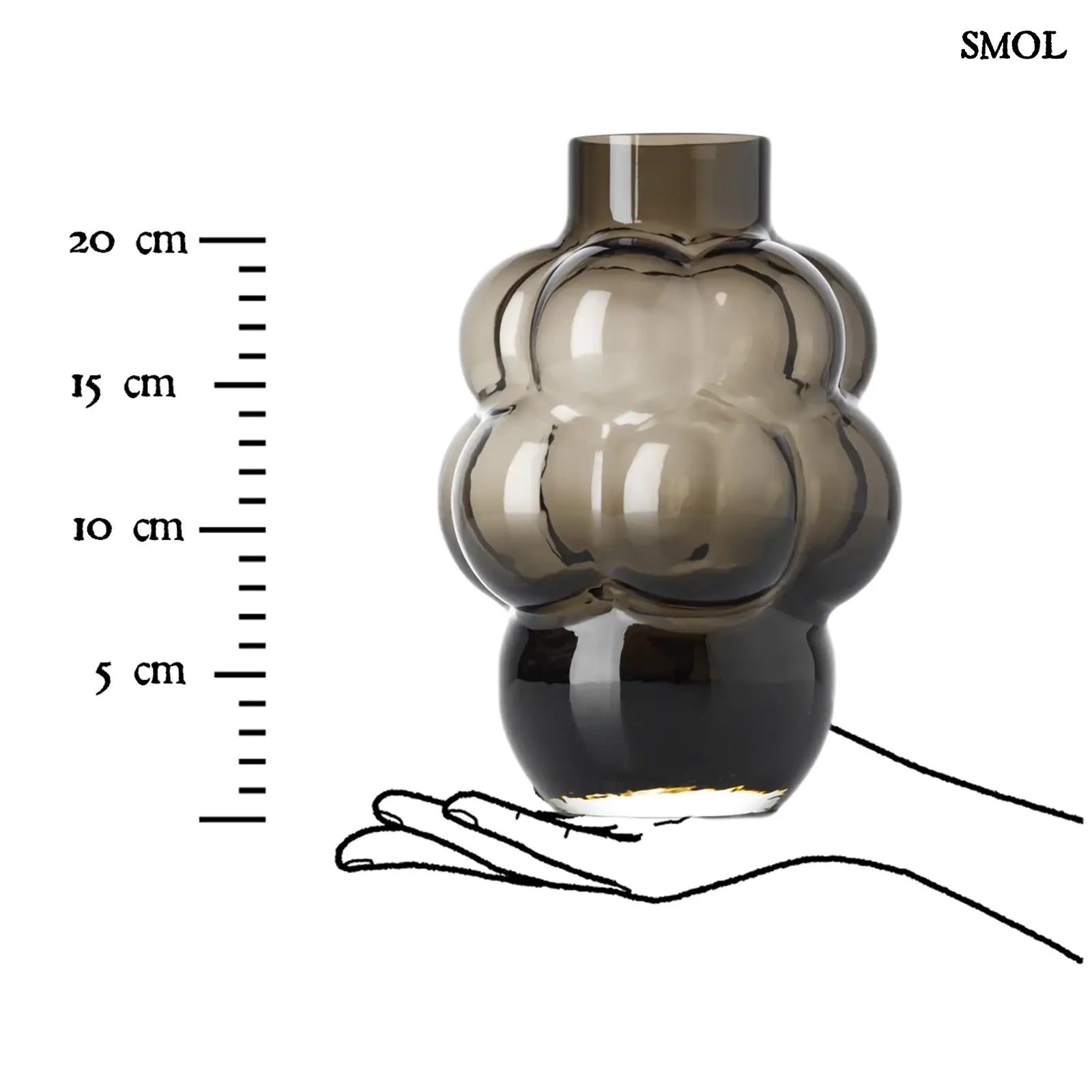 Sötétszürke luxus szürke üveg váza, buborékos szőlőfürt design formában. Újrahasznosított, kézműves termék, méretarányosan