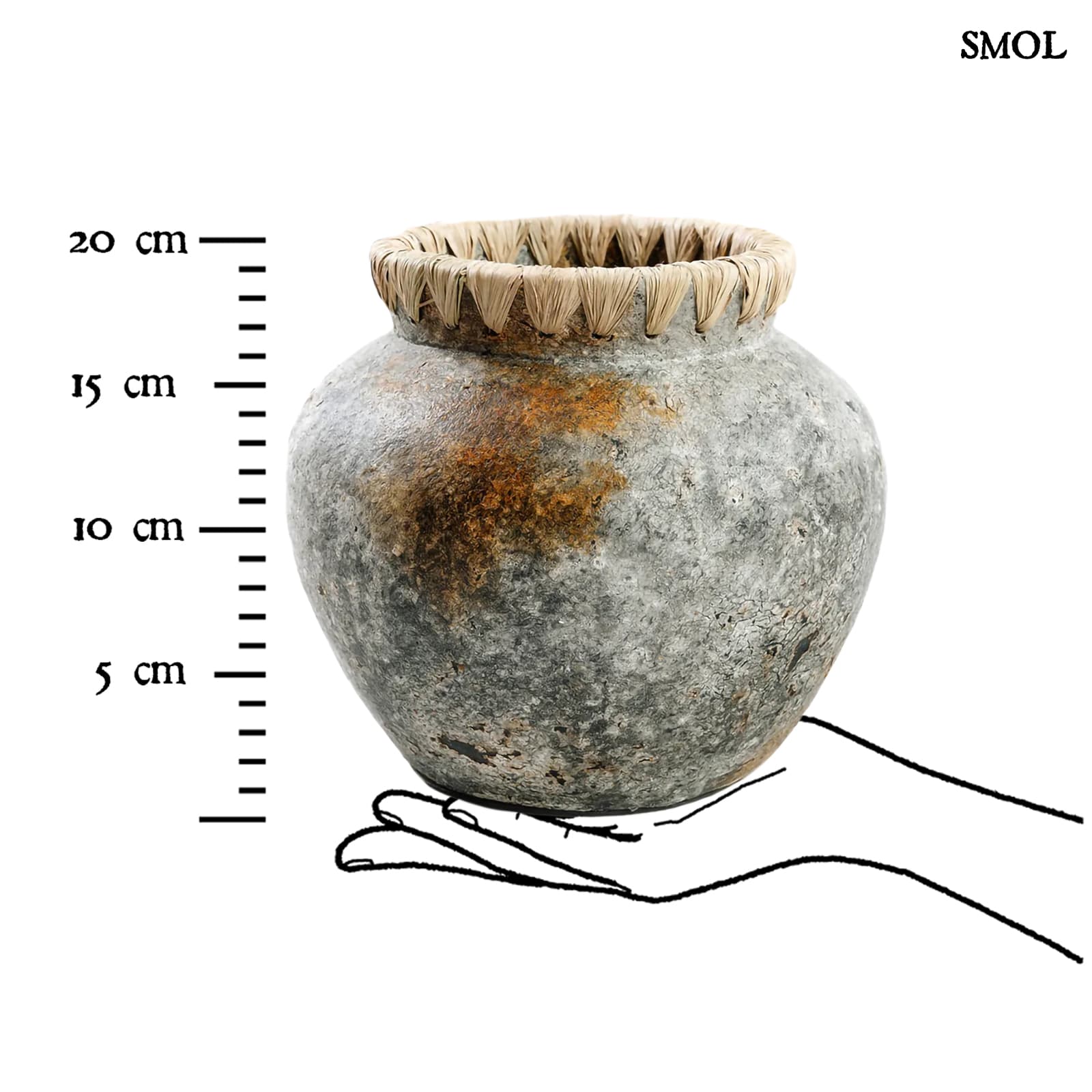 Váza - szürke terrakotta, raffiával, 22 cm | STELY - smol.hu - méretarányosan
