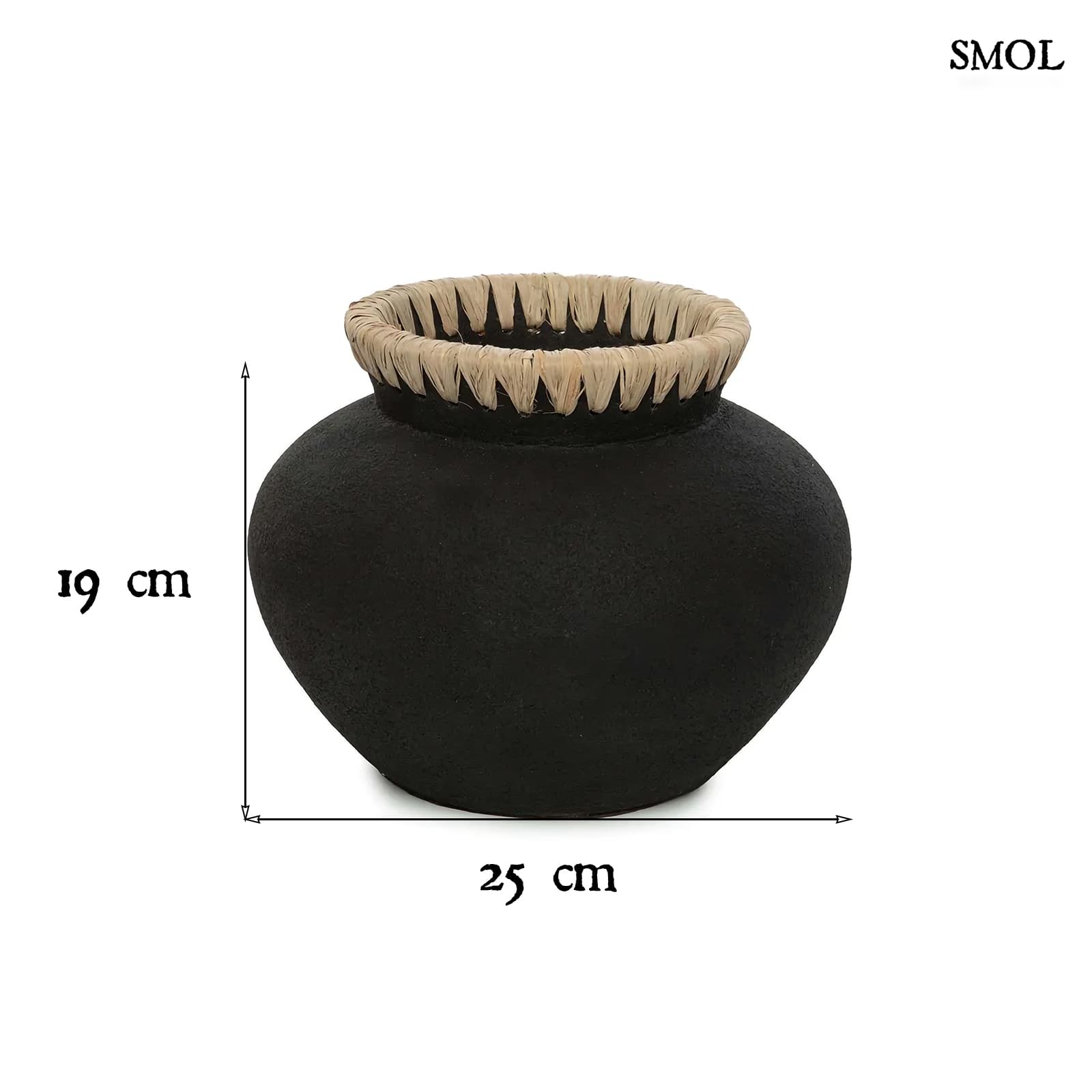 Váza -  terrakotta, fekete, raffiával, 25 cm | STARLA - smol.hu - méretekkel