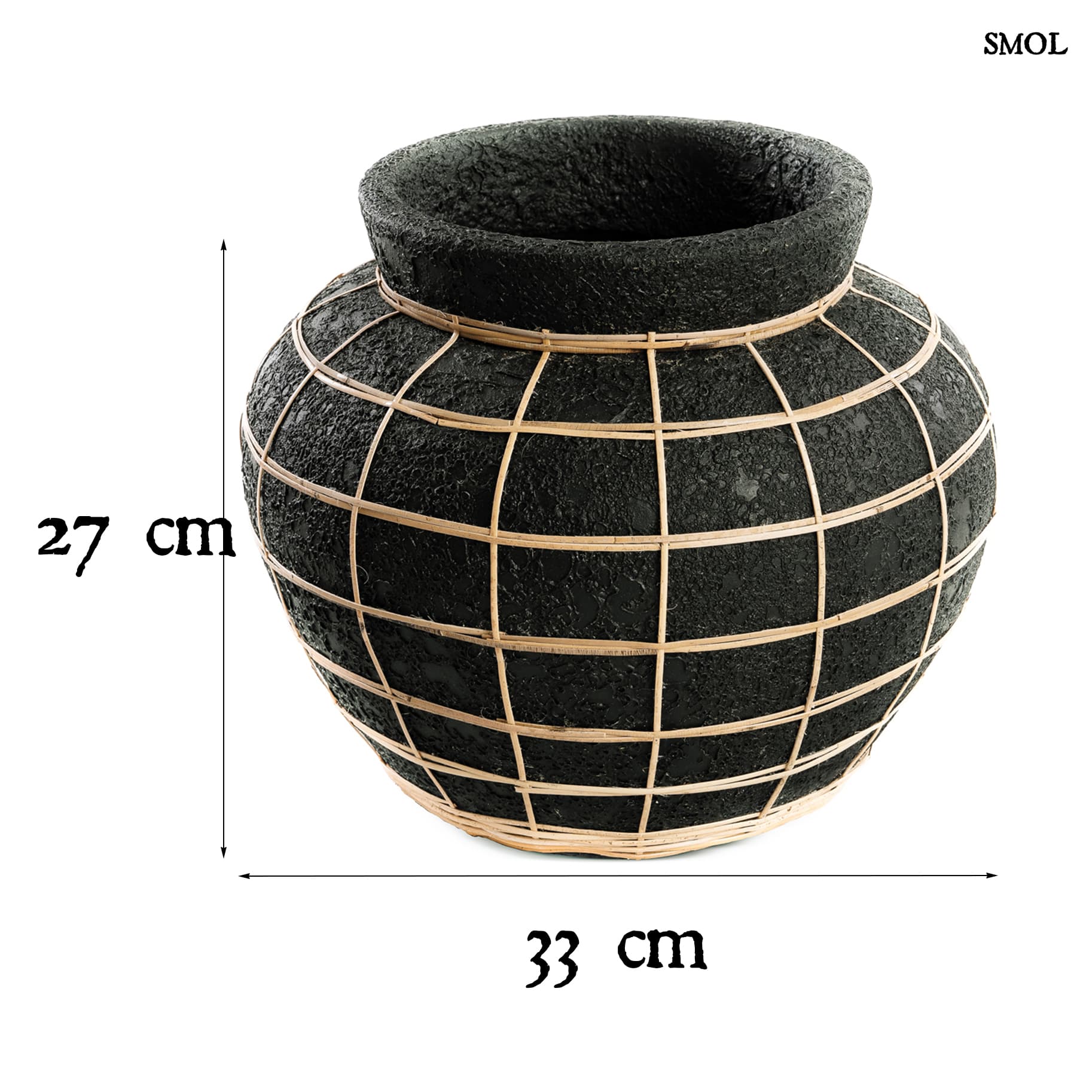 Váza - terrakotta, fekete, rattannal, 33 cm | LUCA - smol.hu - méretekkel