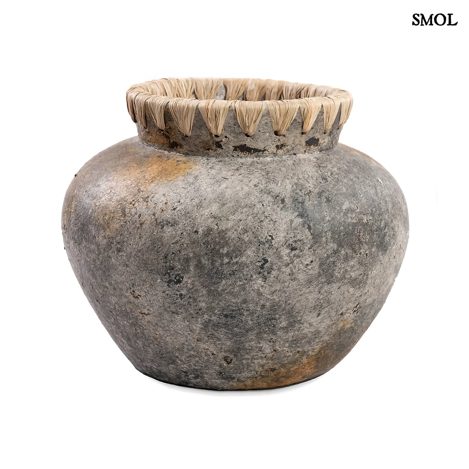 Váza - terrakotta, szürke, raffiával, 29 cm | STENY - smol.hu - fehér háttérrel