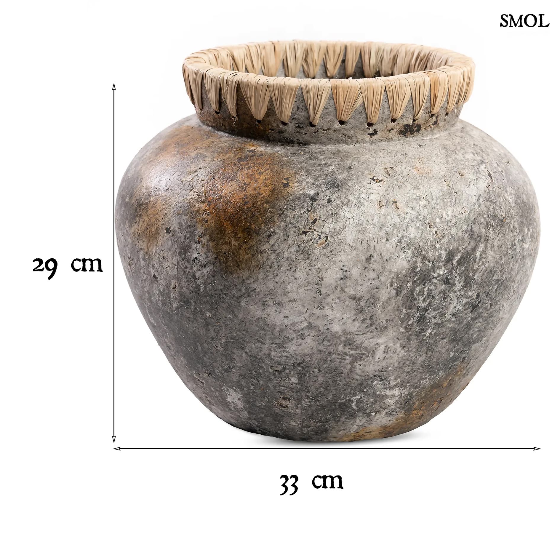 Váza - terrakotta, szürke, raffiával, 33 cm | STESS - smol.hu - méretekkel