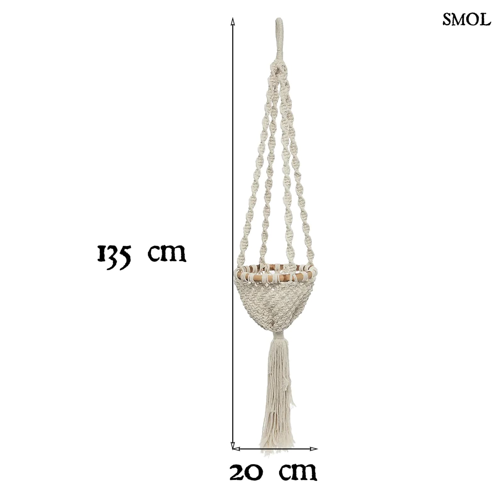 Virágtartó - függő, makramé, fehér, 135 cm | TWISTED - smol.hu - méretekkel