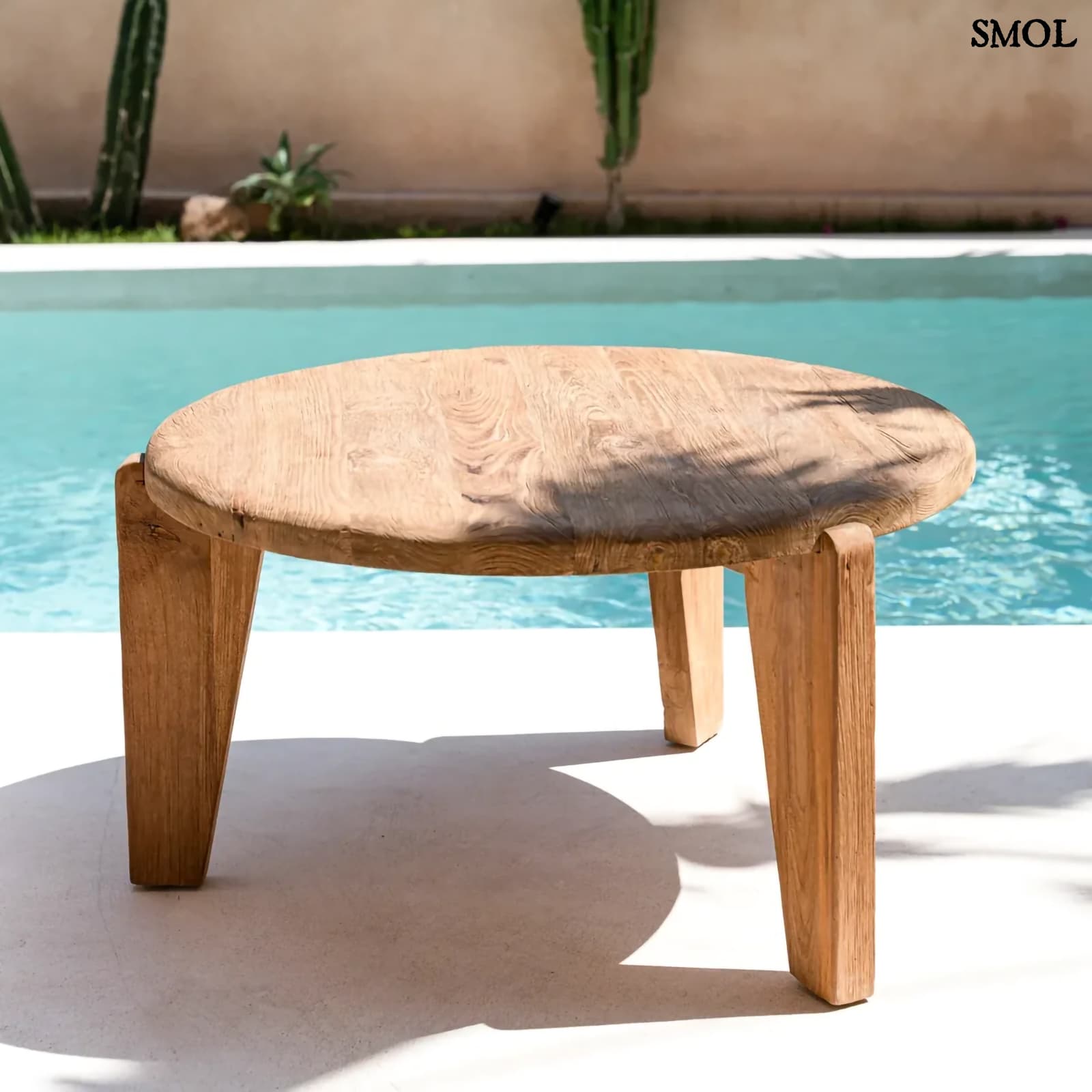 WABI SABI, nagyméretű, teakfa dohányzóasztal, ⌀80 cm - smol.hu - medence mellett