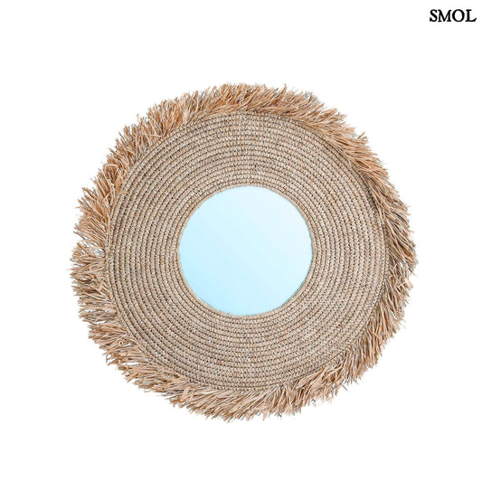 YEMA, falitükör dekoráció természetes raffiával, ⌀60 cm - smol.hu - fehér háttérrel