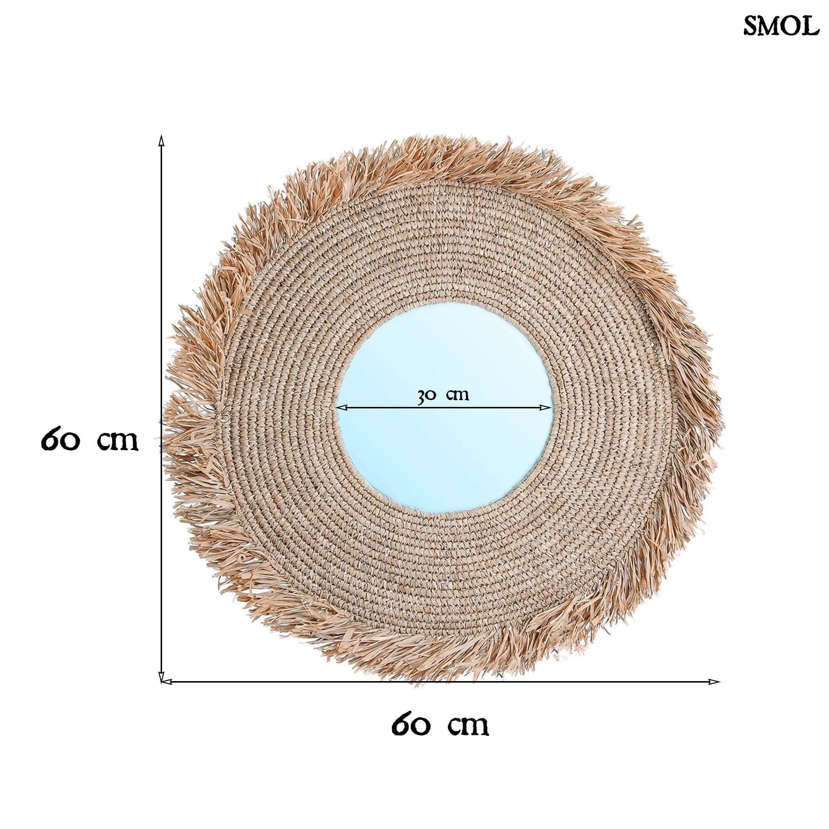 YEMA, falitükör dekoráció természetes raffiával, ⌀60 cm - smol.hu - méretekkel