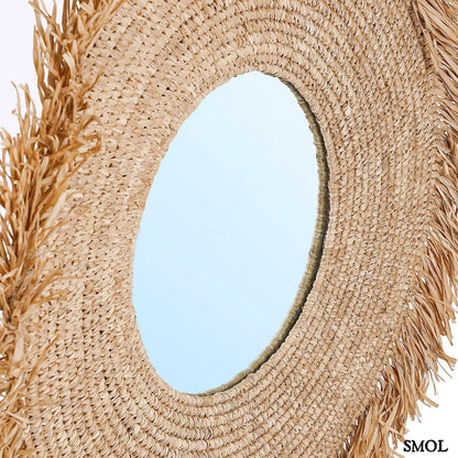 YEMA, falitükör dekoráció természetes raffiával, ⌀60 cm - smol.hu - tükör nagyítva