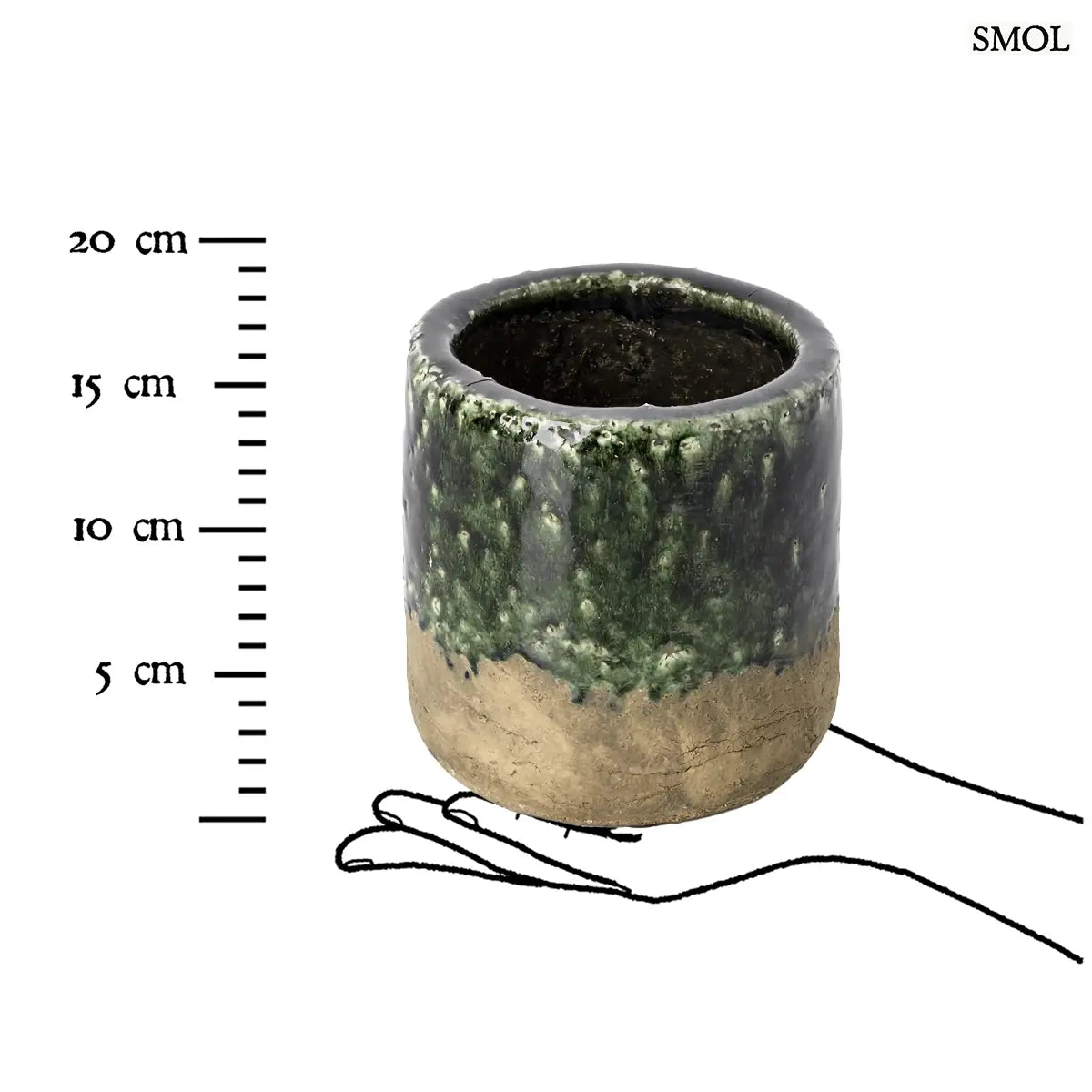 Rusztikus, henger alakú kerámia kaspó, alsó részén nyers barna agyaggal, felső részén pedig sötétzöld, rücskös mázzal, méretarányosan