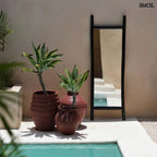 állótükör fekete teakfa keretben medence mellett kaspókkal