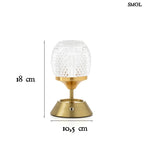 Sárgaréz talpú, kristályhatású, fazettált üveg búrával ellátott, hordozható, tölthető LED asztali lámpa méretekkel