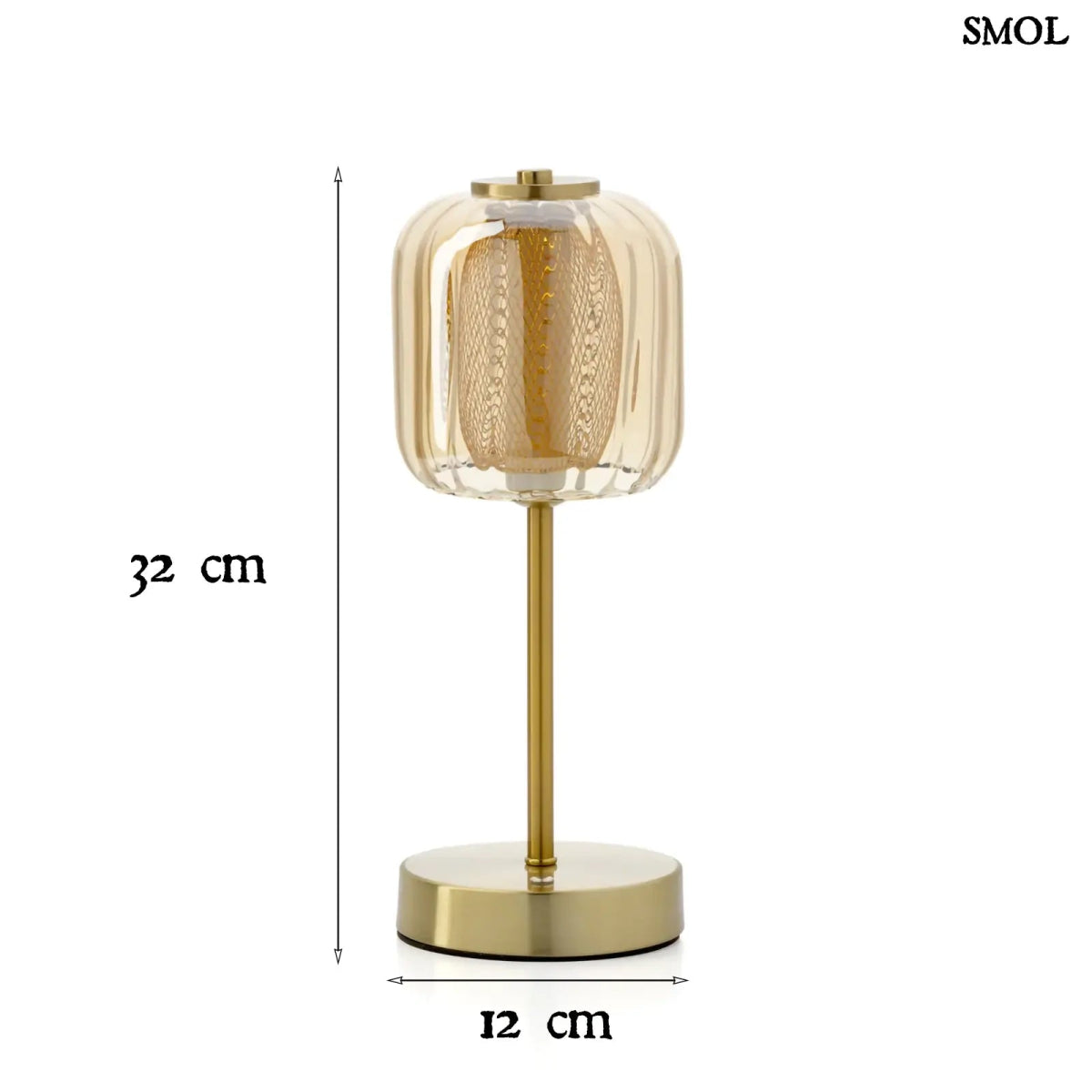 Lighty Gaga asztali lámpa sárgaréz állvánnyal és bordázott borostyán üveg búrával. Vezeték nélküli, hordozható LED méretekkel