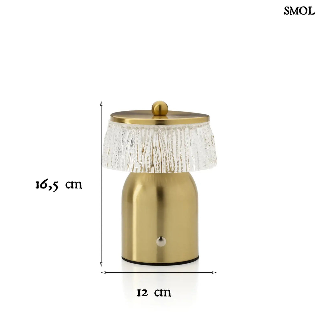 Disco Muffin asztali lámpa sárgaréz alappal és textúrált üveg búrával. Vezeték nélküli, USB töltős, méretekkel
