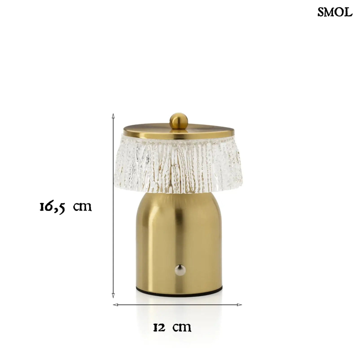 Disco Muffin asztali lámpa sárgaréz alappal és textúrált üveg búrával. Vezeték nélküli, USB töltős, méretekkel
