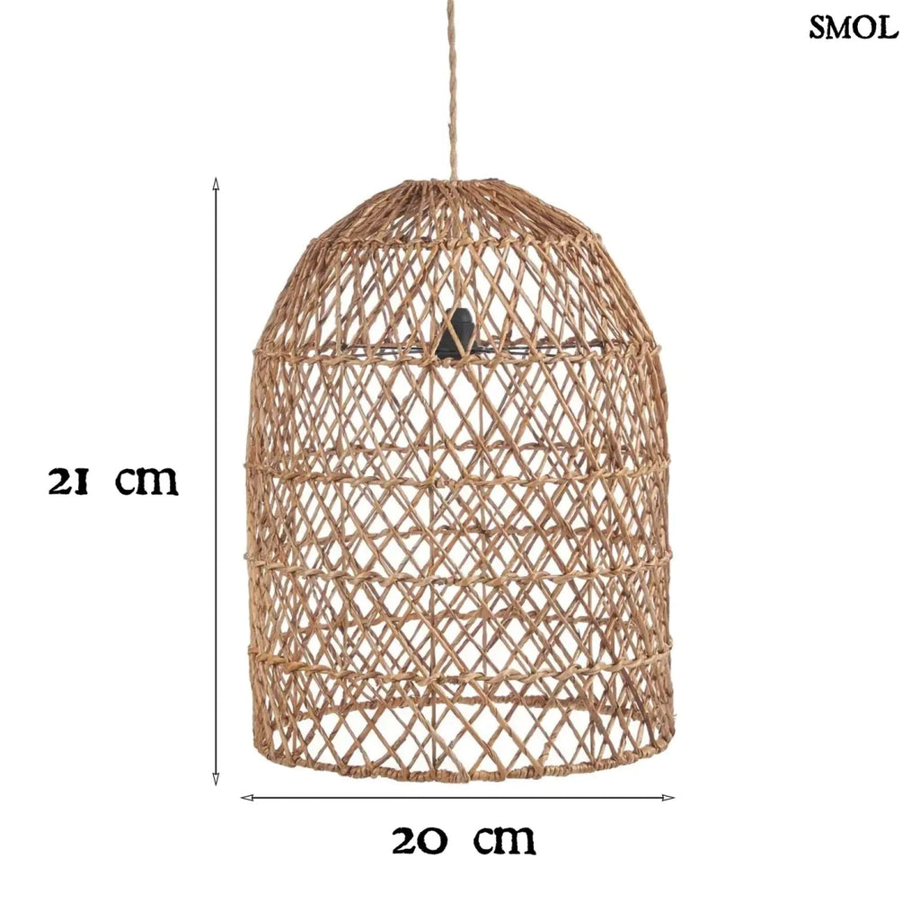 Kézzel fonott, natúr színű banánlevél függőlámpaernyő méretekkel