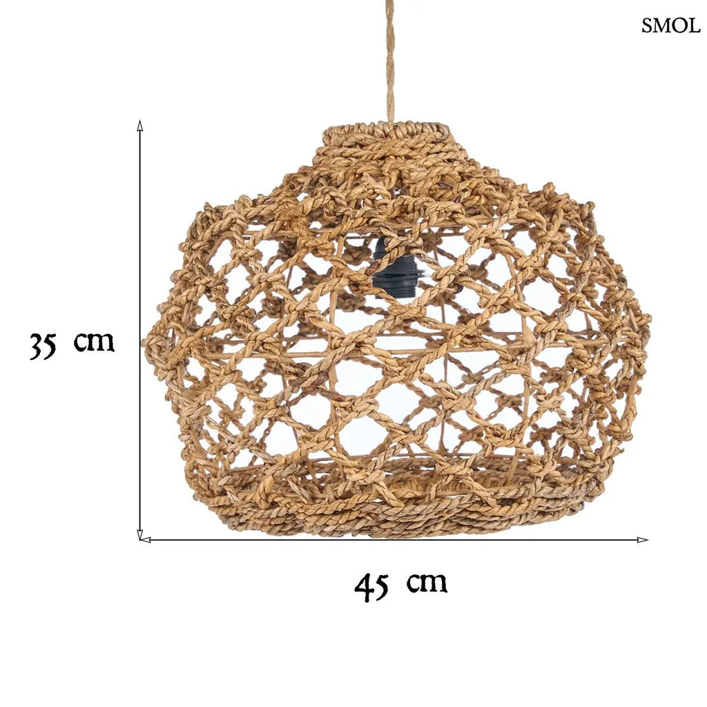 Kézzel szőtt, natúr barna banánlevél lámpaernyő tágas, hálós fonással és rusztikus textúrával, méretekkel