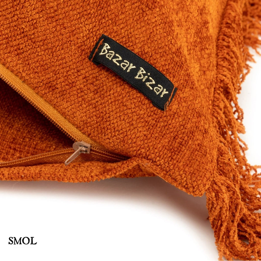 Rozsdaszín bársony díszpárna rojtos szegéllyel cipzárral