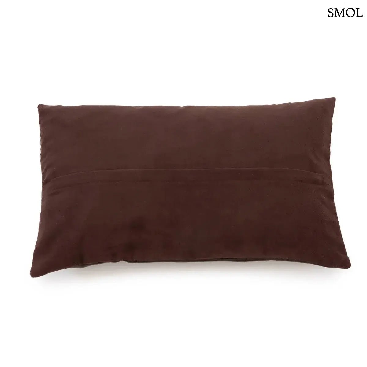 Csokoládébarna, hatpaneles bőr díszpárnahuzat selymes borjúbőrből, 30x50 cm-es méretben, hátulról