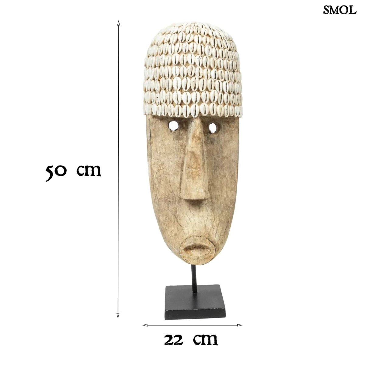 Dekoratív Fa Maszk Kagylókkal – állványon, L | COWRIE - SMOL