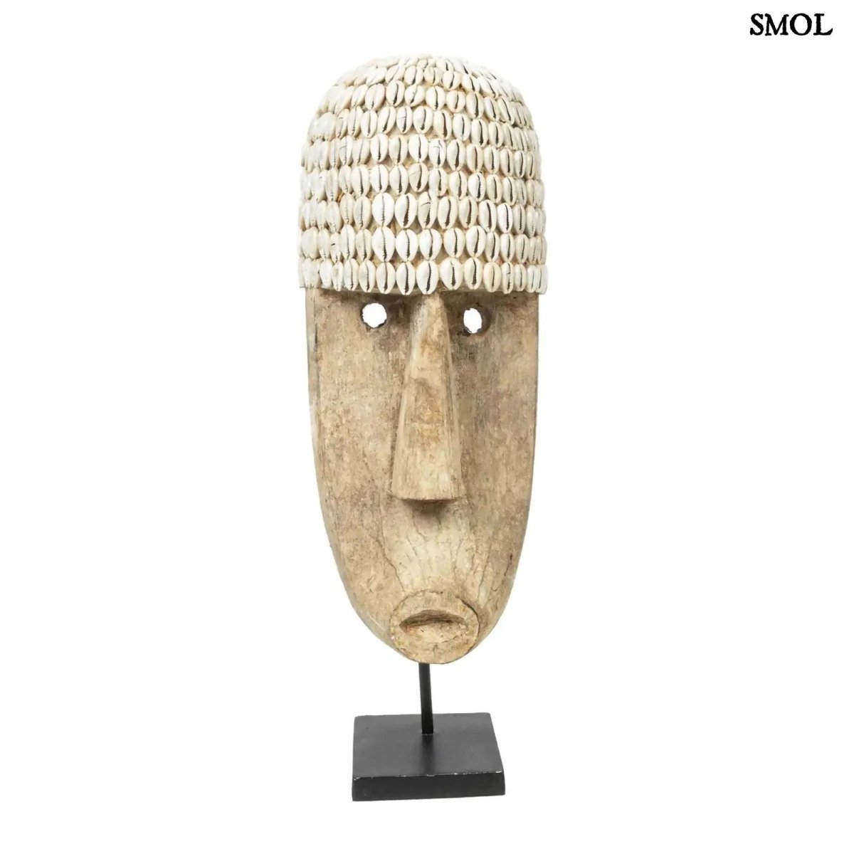 Dekoratív Fa Maszk Kagylókkal – állványon, L | COWRIE - SMOL