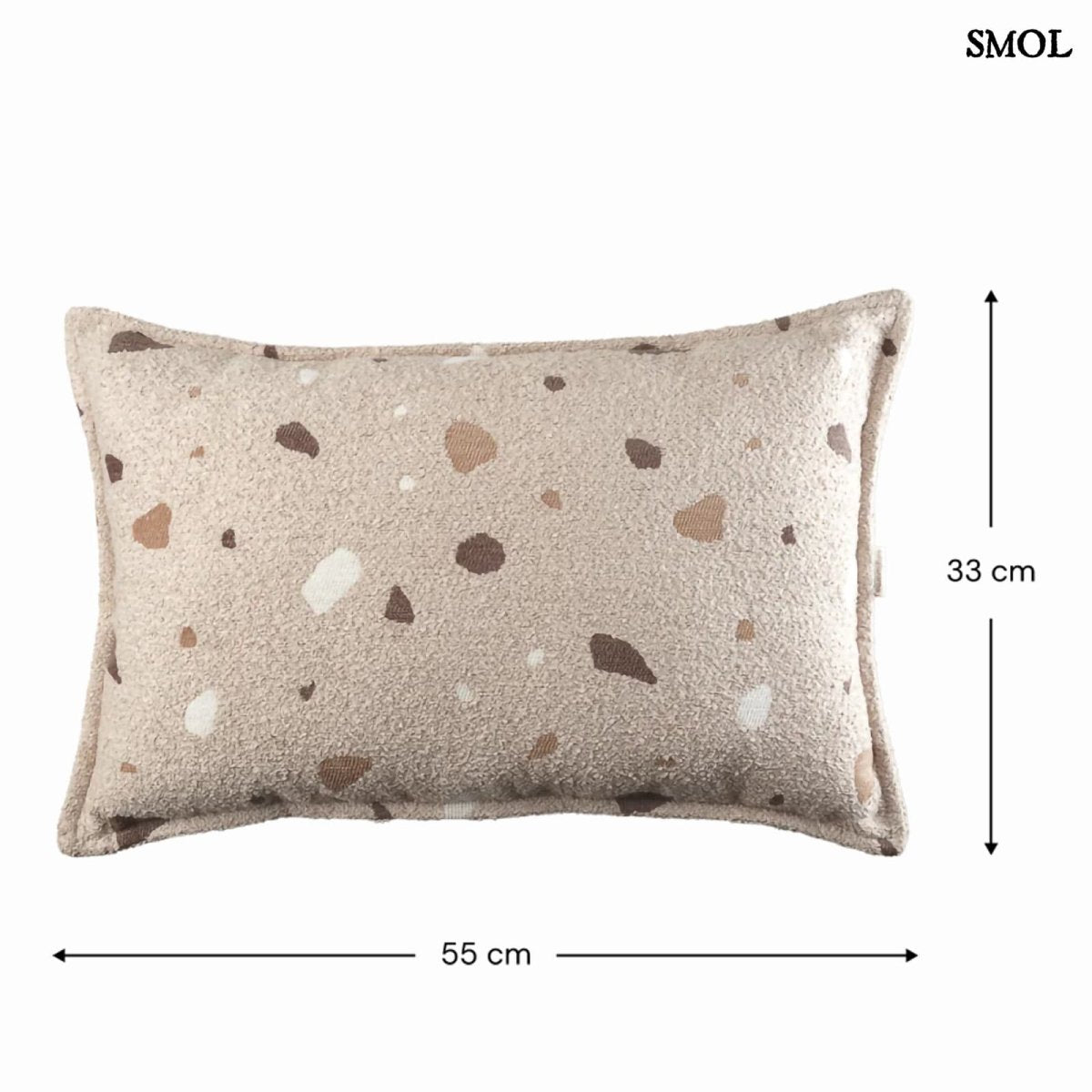 Homokszín Dekorpárna gyerekeknek buklé anyagból, terrazzo mintával, méretekkel