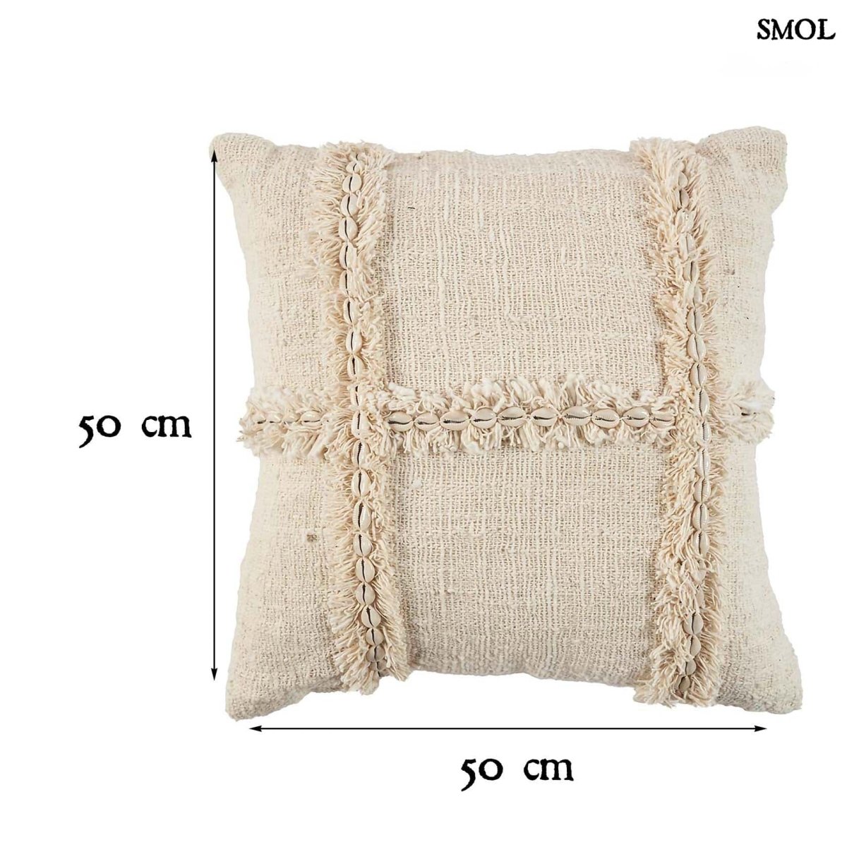 Boho pamut párna natúr színben, kagylómintás díszítéssel - méretekkel
