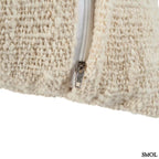 Pálmaleveles díszpárnahuzat natúr-fehér színben, textúrált, boho stílusú pamut és raffia anyagból cipzár nagyítva