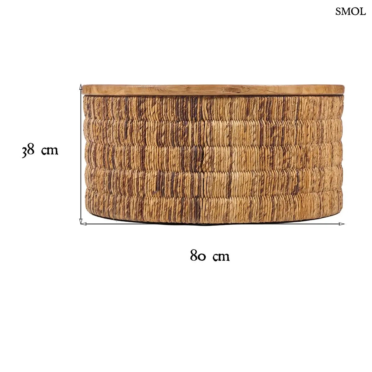 Kerek dohányzóasztal natúr teakfa tetővel és kézzel szőtt abaca rost oldalfallal, méretekkel