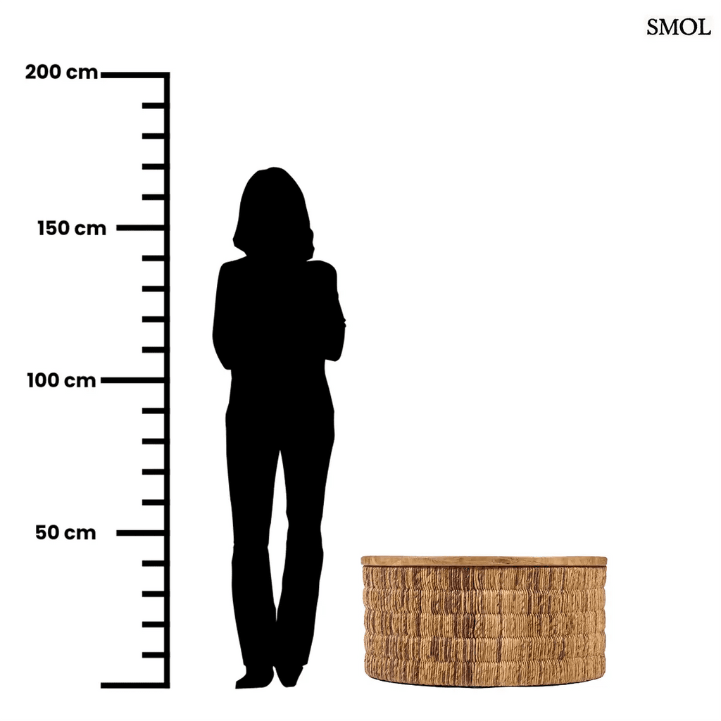 Kerek dohányzóasztal natúr teakfa tetővel és kézzel szőtt abaca rost oldalfallal, méretarányosan