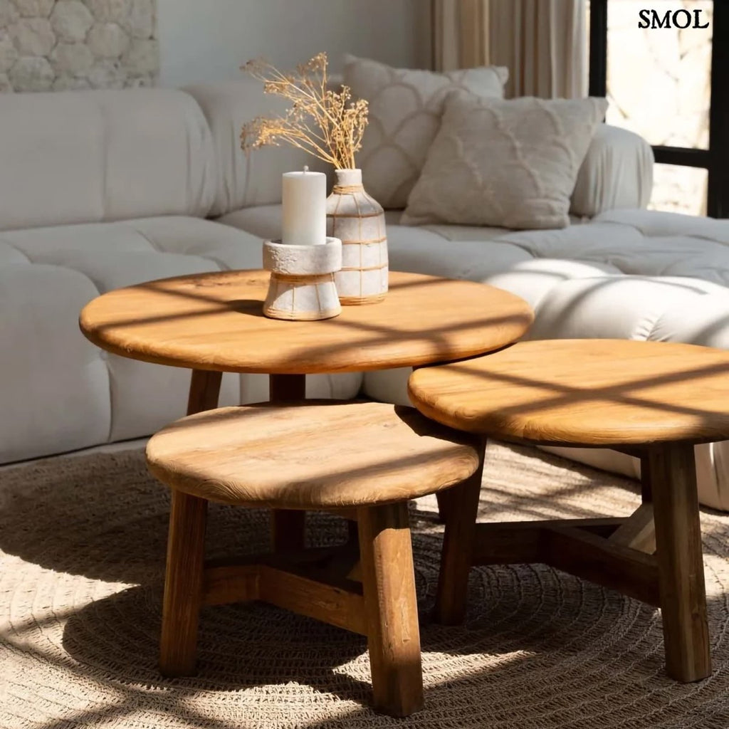 Dohányzóasztal - nagyméretű, teakfa, ⌀80 cm | FUSUMA - SMOL