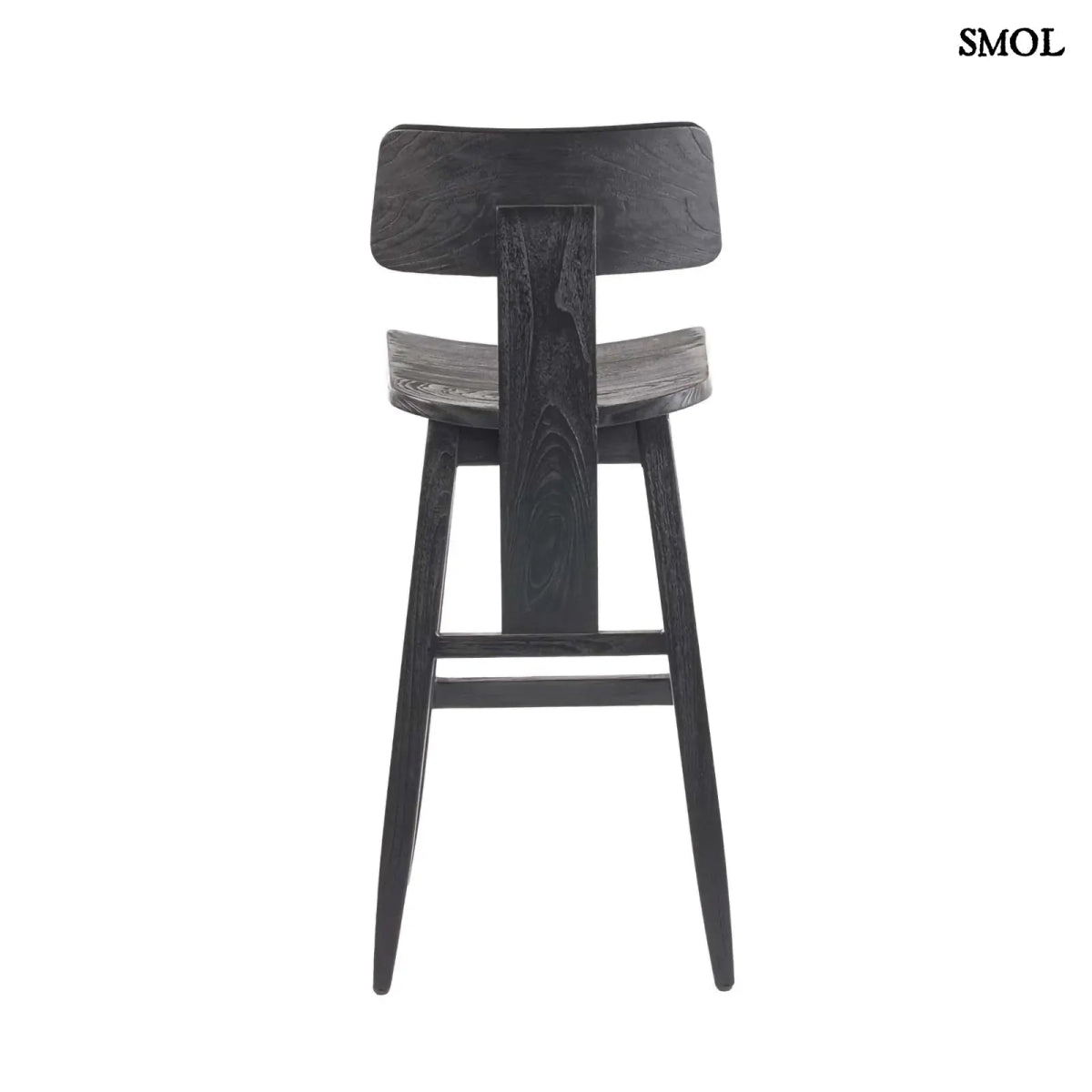 Fekete fa bárszék LovYa, tömör teakfa háttámlával, modern konyhaszigethez hátulról