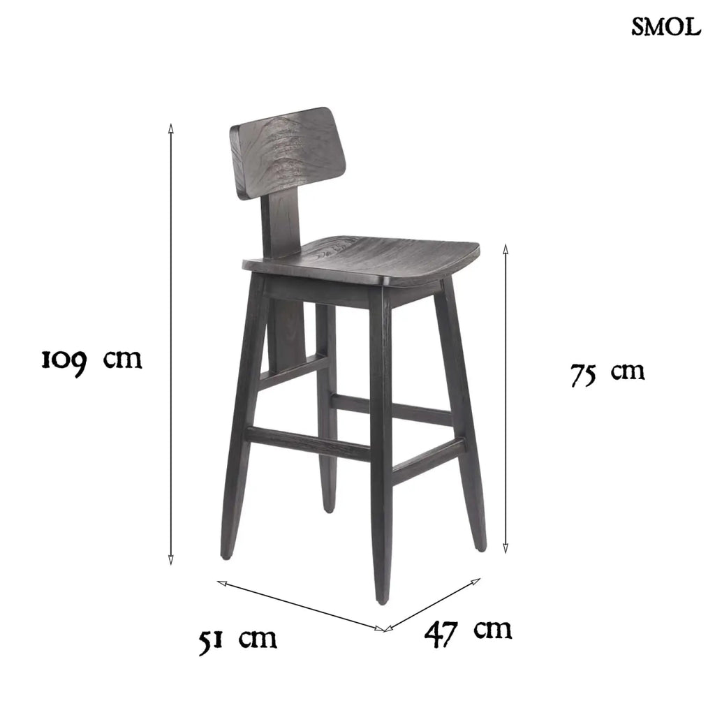 Fekete fa bárszék LovYa, tömör teakfa háttámlával, modern konyhaszigethez méretekkel