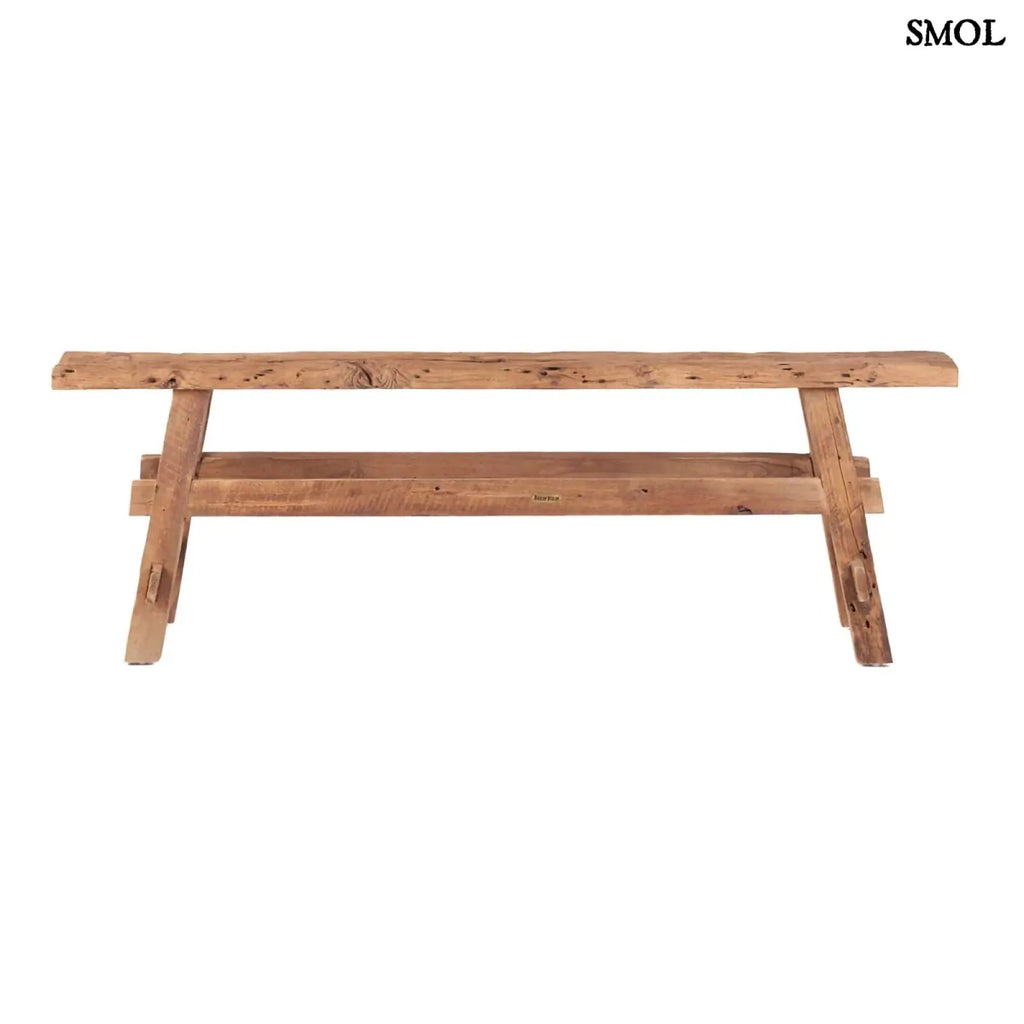 Natúr teakfából készült, rusztikus megjelenésű fa pad szemből