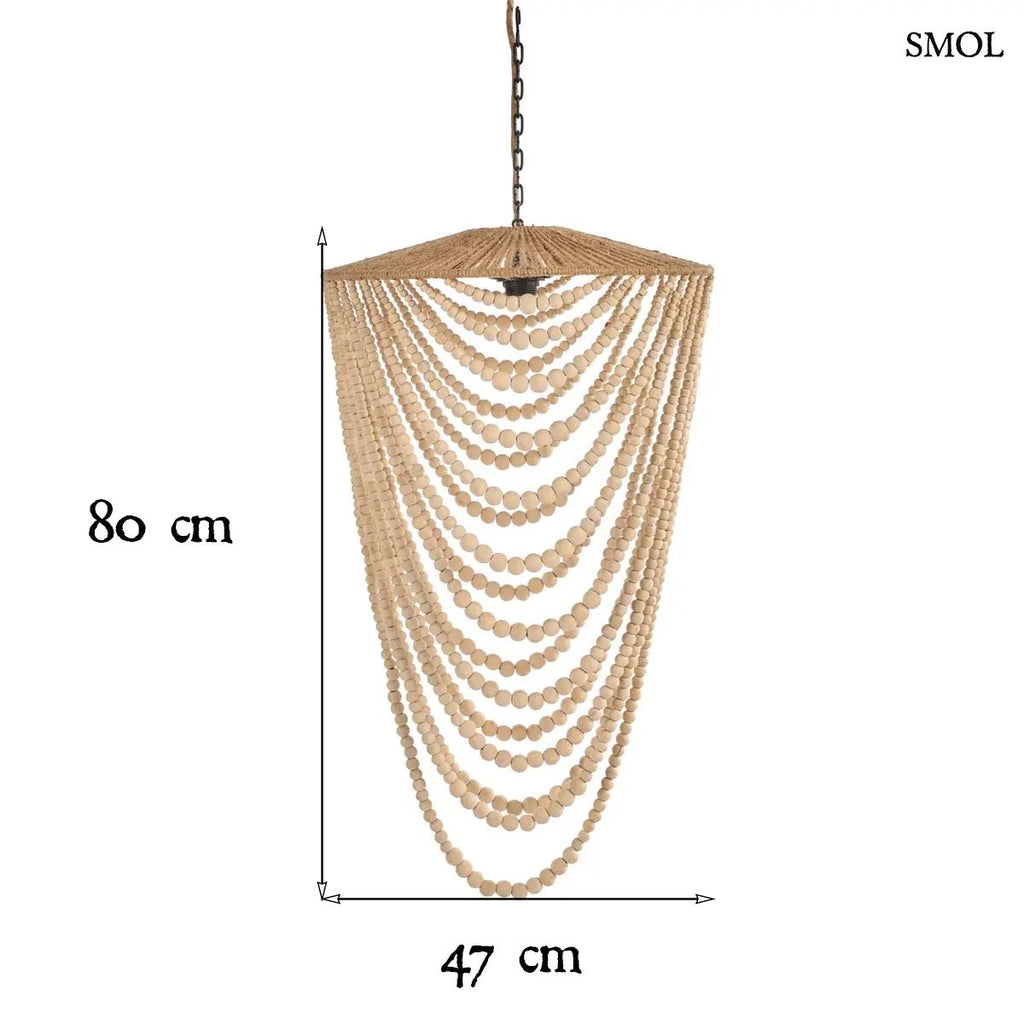 Természetes fa golyókból készült, több soros függő csillár balinéz stílusban, natúr barna színben, méretekkel