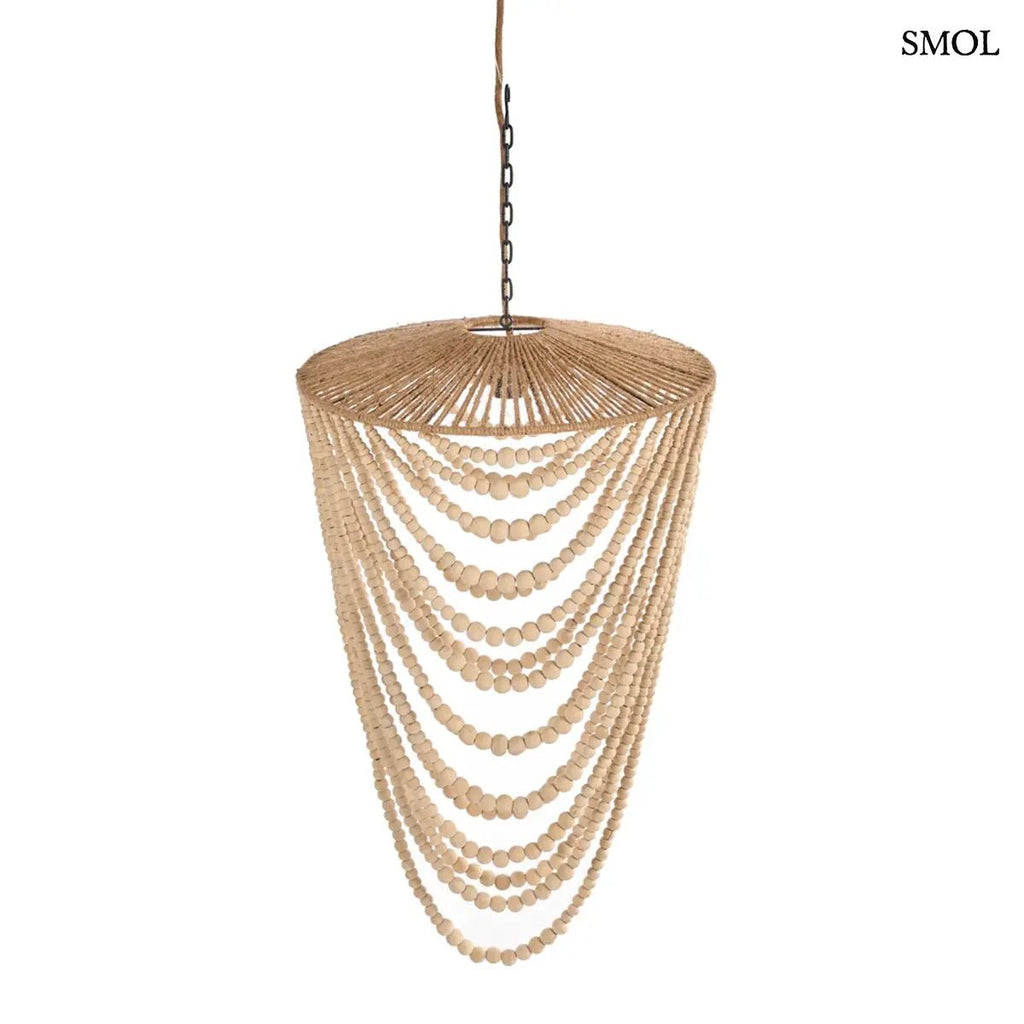 Természetes fa golyókból készült, több soros függő csillár balinéz stílusban, natúr barna színben, ferdén