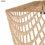 Természetes fa golyókból készült, több soros függő csillár balinéz stílusban, natúr barna színben, oldalról nagyítva