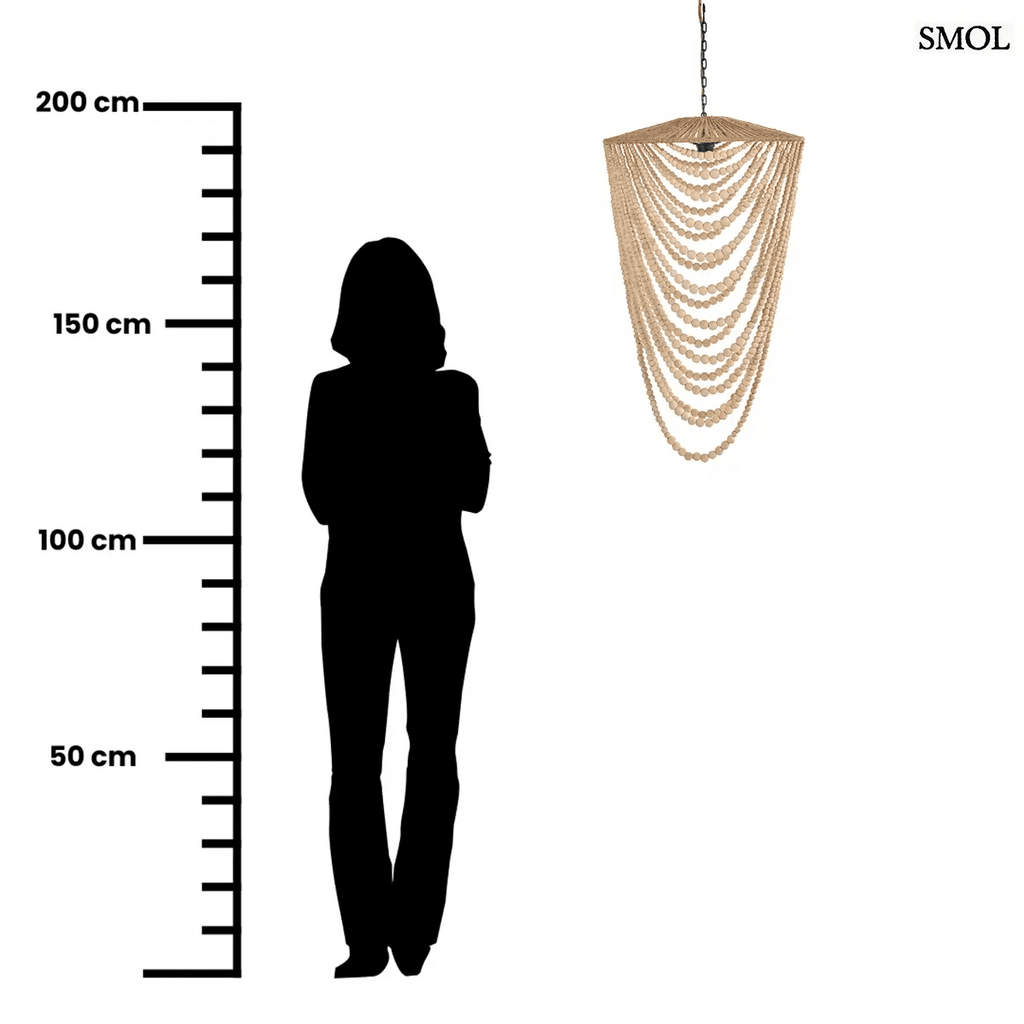 Természetes fa golyókból készült, több soros függő csillár balinéz stílusban, natúr barna színben, méretarányosan