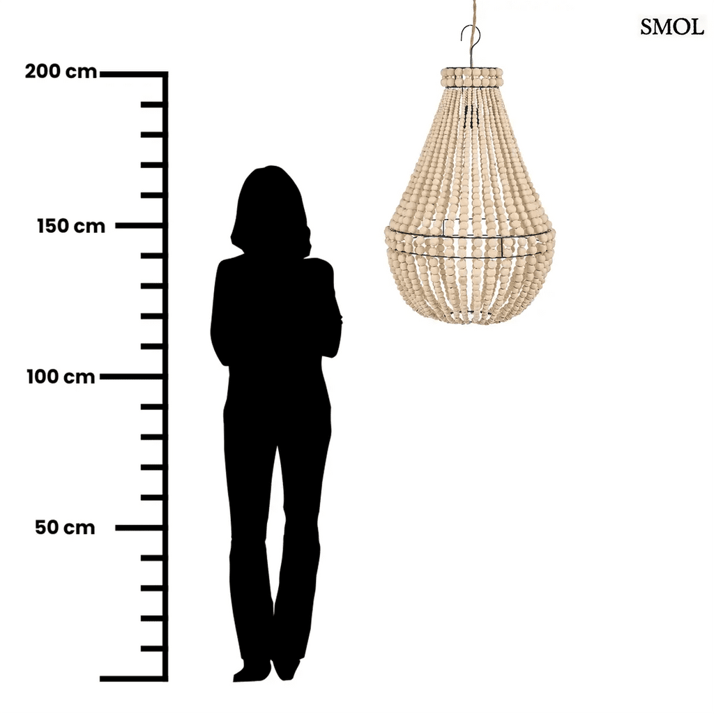 Természetes fa színű, kézzel fűzött boho fagolyós csillár, méretarányosan