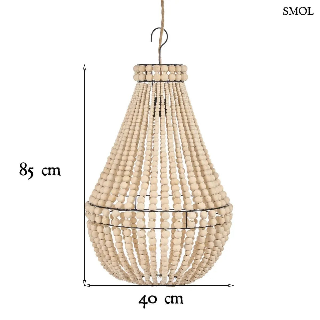Természetes fa színű, kézzel fűzött boho fagolyós csillár, méretekkel