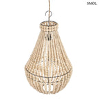 Természetes fa színű, kézzel fűzött boho fagolyós csillár, ferdén