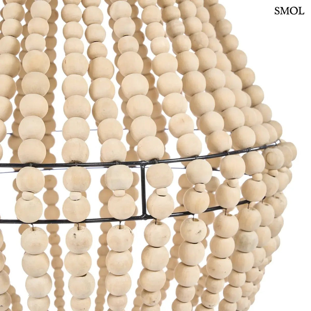 Kézzel fűzött Teardrop fagolyós csillár természetes fából, csepp alakú bohó stílusú függőlámpa antikolt fém vázzal és natúr fa gyöngysorokkal, oldalról nagyítva