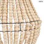 Kézzel fűzött Teardrop fagolyós csillár természetes fából, csepp alakú bohó stílusú függőlámpa antikolt fém vázzal és natúr fa gyöngysorokkal, oldalról nagyítva