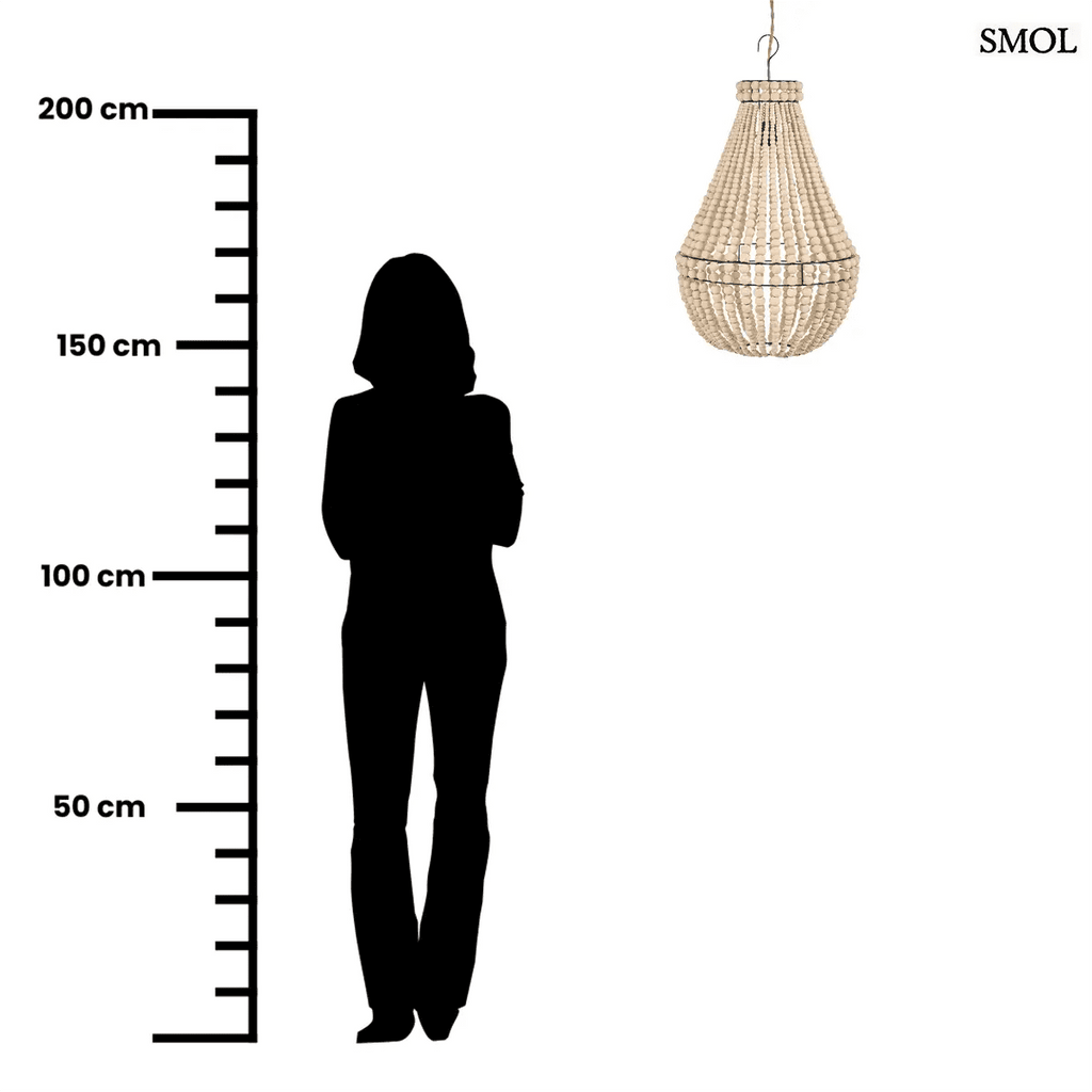Kézzel fűzött Teardrop fagolyós csillár természetes fából, csepp alakú bohó stílusú függőlámpa antikolt fém vázzal és natúr fa gyöngysorokkal, méretarányosan