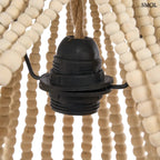 Kézzel fűzött Teardrop fagolyós csillár természetes fából, csepp alakú bohó stílusú függőlámpa antikolt fém vázzal és natúr fa gyöngysorokkal,  közepe