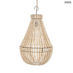 Kézzel fűzött Teardrop fagolyós csillár természetes fából, csepp alakú bohó stílusú függőlámpa antikolt fém vázzal és natúr fa gyöngysorokkal, fehér háttérrel