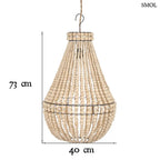 Kézzel fűzött Teardrop fagolyós csillár természetes fából, csepp alakú bohó stílusú függőlámpa antikolt fém vázzal és natúr fa gyöngysorokkal, méretekkel
