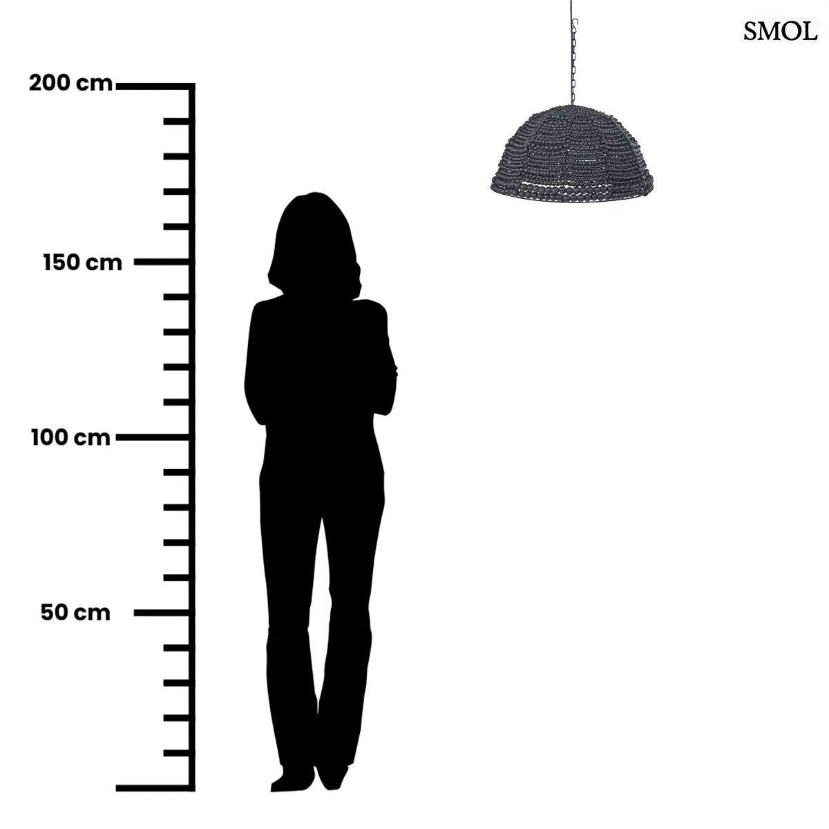 Fekete fagyöngyökből fűzött, dóm alakú boho lámpaernyő indonéz kézműves munkával, sötét fém vázon, méretarányosan