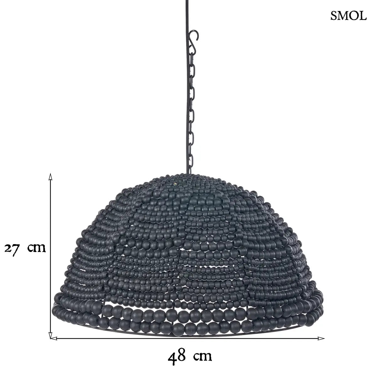 Fekete fagyöngyökből fűzött, dóm alakú boho lámpaernyő indonéz kézműves munkával, sötét fém vázon, méretekkel