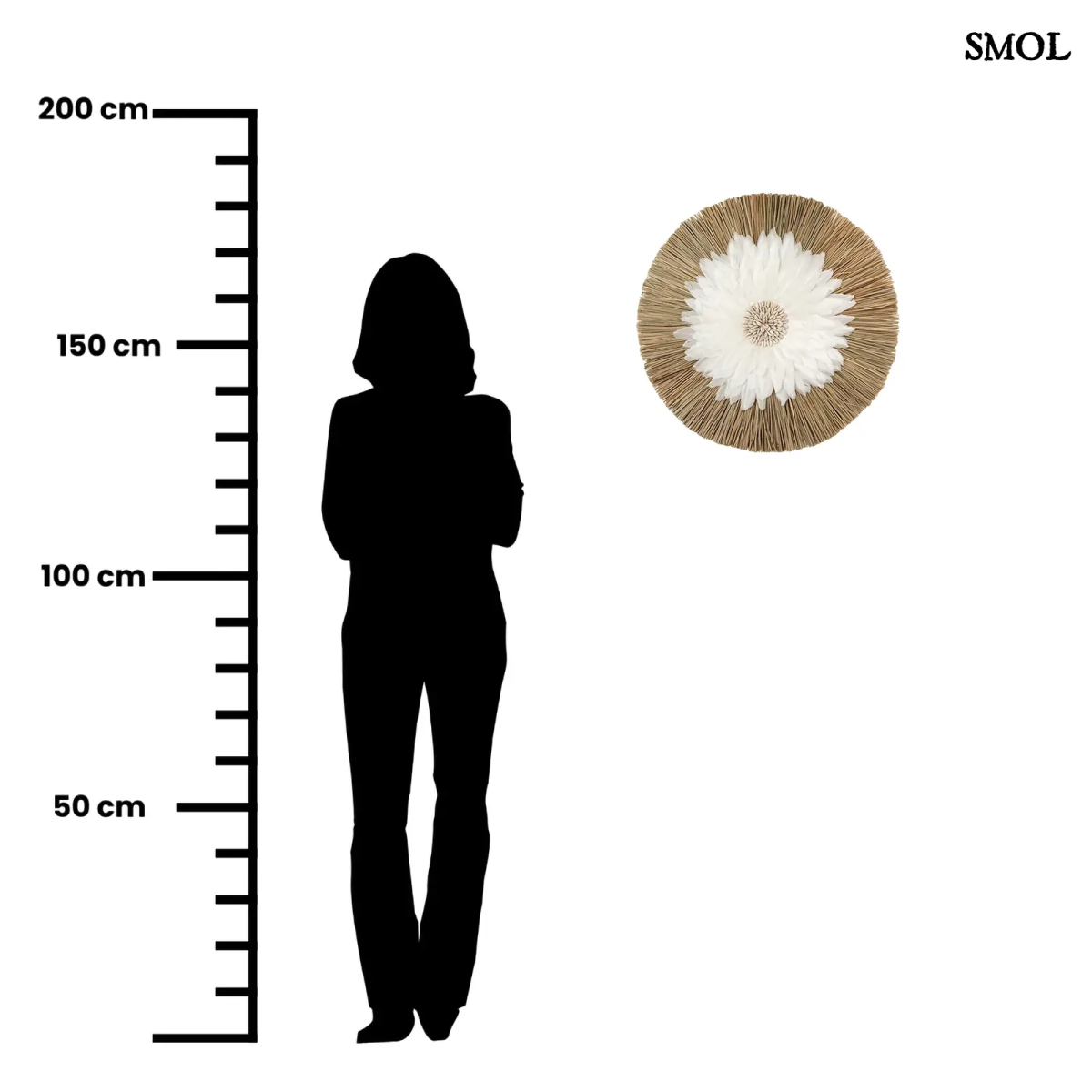 Fali dekoráció fehér tollakkal és kagylós középpel, natúr alang-alang fű alapon, méretarányosan