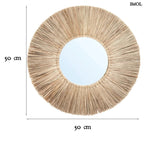 Boho stílusú, természetes fűből készült kör alakú falitükör, méretarányosan